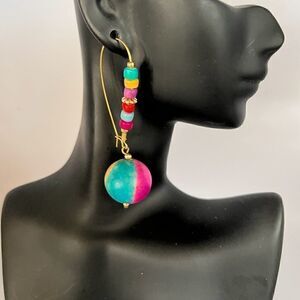 Wood multi color drop earrings, made in the Philippines.